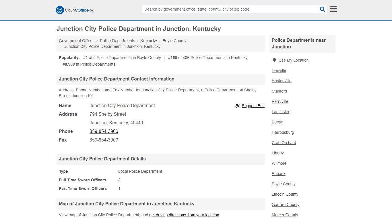 Junction City Police Department - Junction, KY (Address, Phone, and Fax)